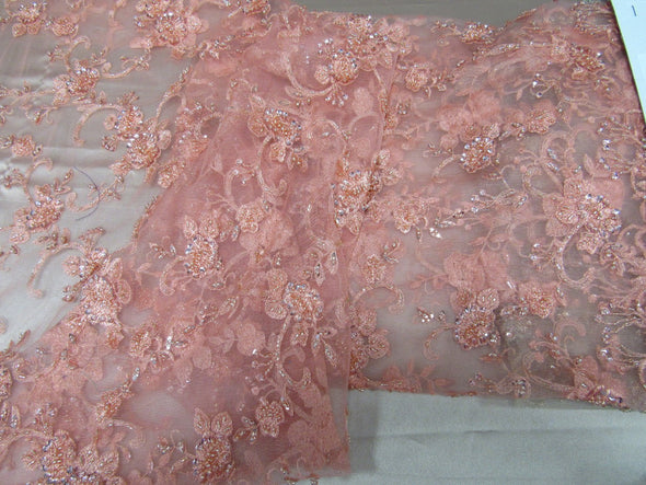 Elegant blush peach French design embroider and beaded on a mesh lace. Wedding/Bridal/Prom/Nightgown fabric.