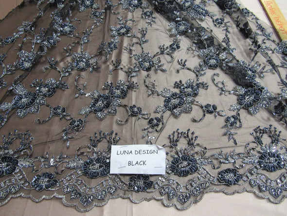 Elegant black/silver french design embroider and beaded on a mesh lace. Wedding/Bridal/Prom/Nightgown fabric.