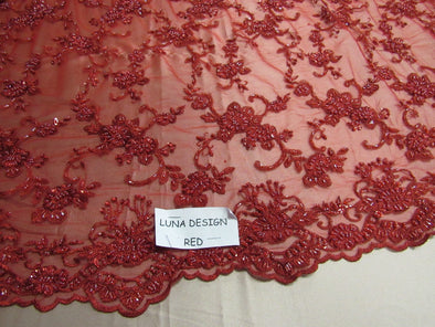 Elegant red French design embroider and beaded on a mesh lace. Wedding/Bridal/Prom/Nightgown fabric.