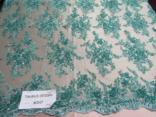 Gorgeous mint French design embroider and beaded on a mesh lace. Wedding/Bridal/Prom/Nightgown fabric.