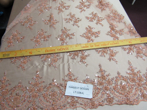 Luxurious Lt.Peach French design embroider and beaded on a mesh lace. Wedding/Bridal/Prom/Nightgown fabric.