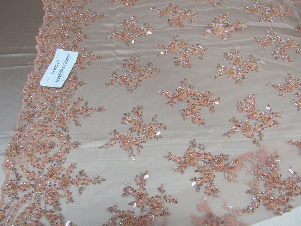 Luxurious Lt.Peach French design embroider and beaded on a mesh lace. Wedding/Bridal/Prom/Nightgown fabric.