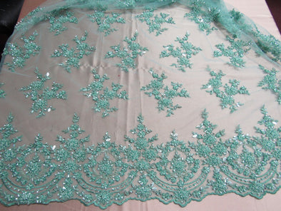 Luxurious mint French design embroider and beaded on a mesh lace. Wedding/Bridal/Prom/Nightgown fabric.