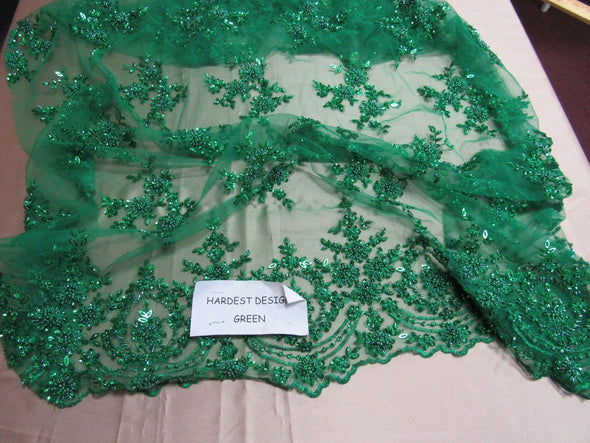 Luxurious green French design embroider and beaded on a mesh lace. Wedding/bridal/Prom/Nightgown fabric.