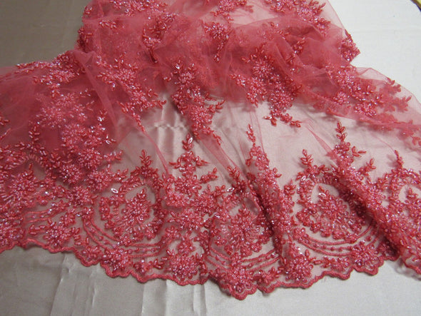Luxurious coral French design embroider and beaded on a mesh lace. Wedding/Bridal/Prom/Nightgown fabric.