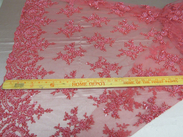 Luxurious coral French design embroider and beaded on a mesh lace. Wedding/Bridal/Prom/Nightgown fabric.