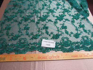 Elegant jade French design embroider and beaded on a mesh lace. Wedding/Bridal/Prom/Nightgown fabric.