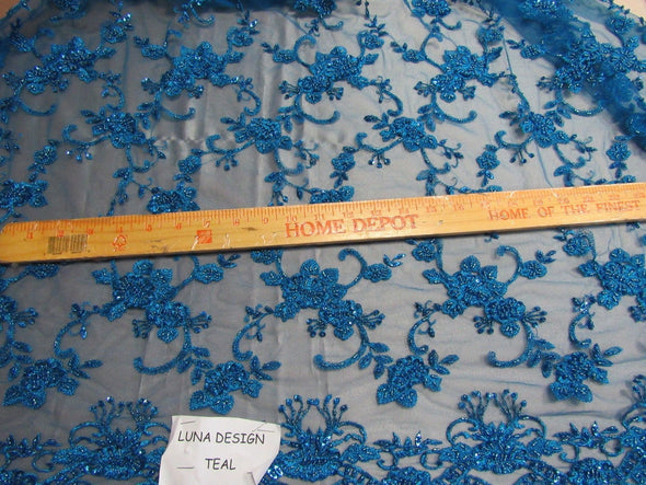 Elegant teal blue French design embroider and beaded on a mesh lace. Wedding/Bridal/Prom/Nightgown fabric.