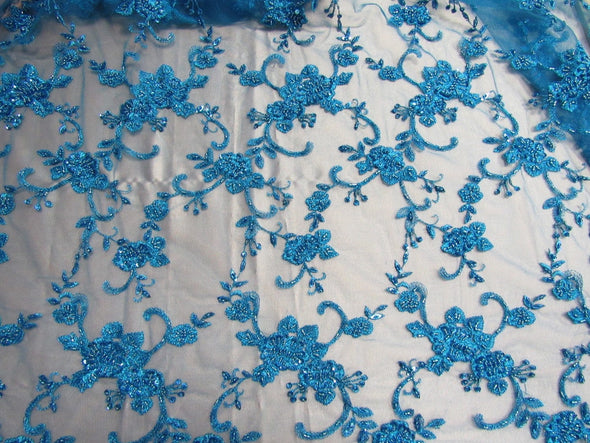 Elegant teal blue French design embroider and beaded on a mesh lace. Wedding/Bridal/Prom/Nightgown fabric.
