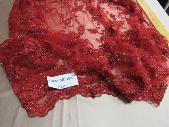 Elegant red French design embroider and beaded on a mesh lace. Wedding/Bridal/Prom/Nightgown fabric.