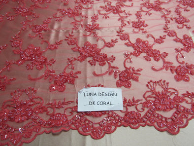 Elegant dk. Coral French design embroider and beaded on a mesh lace. Wedding/Bridal/Prom/Nightgown fabric.