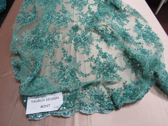 Gorgeous mint French design embroider and beaded on a mesh lace. Wedding/Bridal/Prom/Nightgown fabric.