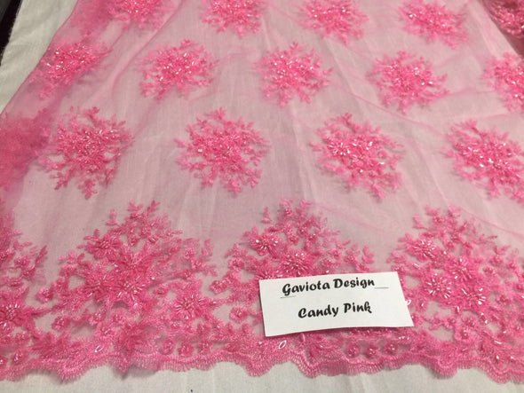 Candy pink gaviota design embroider and beaded on a mesh lace. Wedding/Bridal/Prom/Nightgown fabric. Sold by the yard.