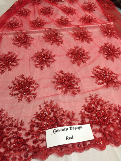 Red gaviota design embroider and beaded on a mesh lace. Wedding/Bridal/Prom/Nightgown fabric. Sold by the yard.