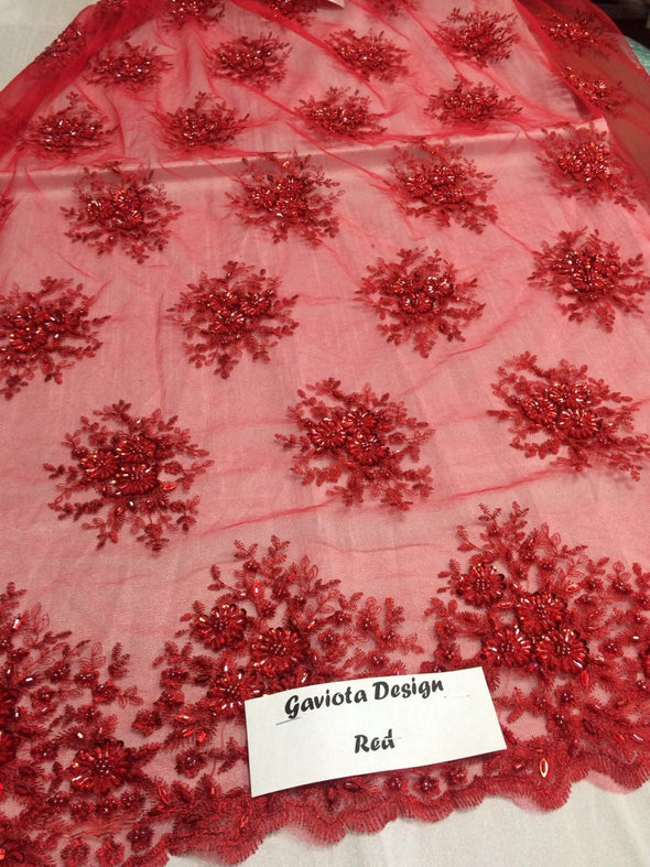 Red gaviota design embroider and beaded on a mesh lace. Wedding/Bridal/Prom/Nightgown fabric. Sold by the yard.