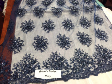 Navy Blue gaviota design embroider and beaded on a mesh lace. Wedding/Bridal/Nightgown/Prom fabric. Sold by the yard.