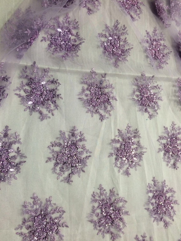 Lilac gaviota design embroider and beaded on a mesh lace. Wedding/Bridal/Prom/Nightgown fabric. Sold by the yard.