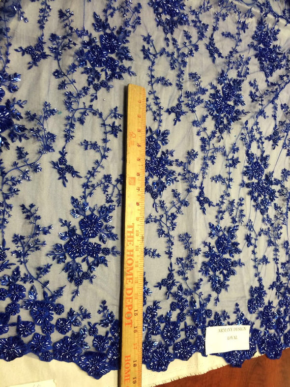 Gorgeous royal blue flower design embroider and beaded on a mesh lace. Wedding/Bridal/Prom/Nightgown fabric. Sold by the yard.