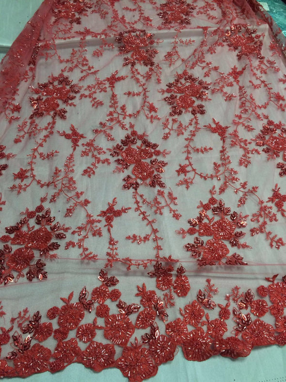 Gorgeous dk.coral flower design embroider and beaded on a mesh lace. Wedding/Bridal/Prom/Nightgown fabric. Sold by the yard.