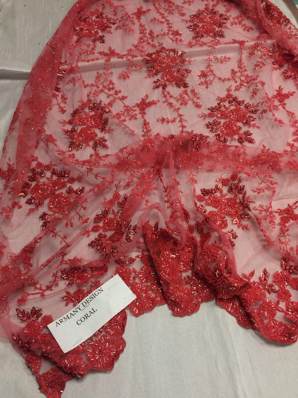 Gorgeous dk.coral flower design embroider and beaded on a mesh lace. Wedding/Bridal/Prom/Nightgown fabric. Sold by the yard.