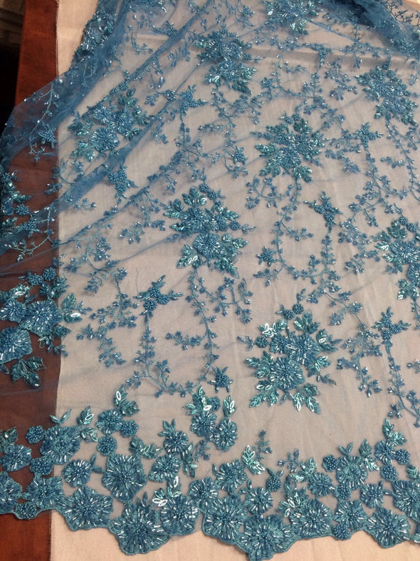 Gorgeous aqua blue flower design embroider and beaded on a mesh lace. Wedding/Bridal/Prom/Nightgown fabric-deresses-Sold by the yard.
