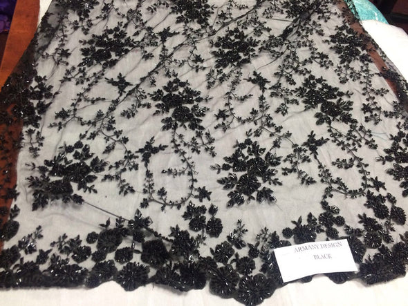 Gorgeous black flower design embroider and beaded on a mesh lace. Wedding/Bridal/Prom/Nightgown fabric. Sold by the yard.