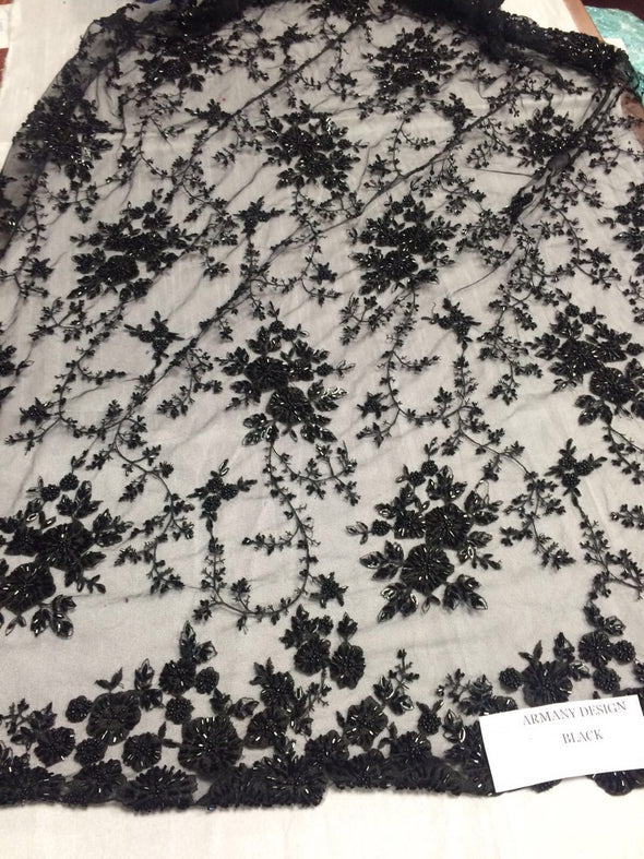 Gorgeous black flower design embroider and beaded on a mesh lace. Wedding/Bridal/Prom/Nightgown fabric. Sold by the yard.