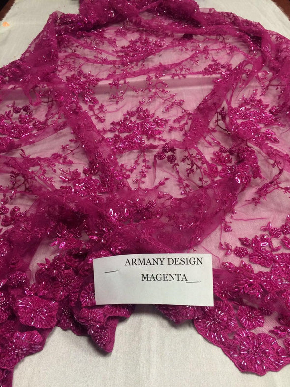 Gorgeous magenta flower design embroider and beaded on a mesh lace. Wedding/Bridal/Prom/Nightgown fabric-dresses-apparel-Sold by the yard.