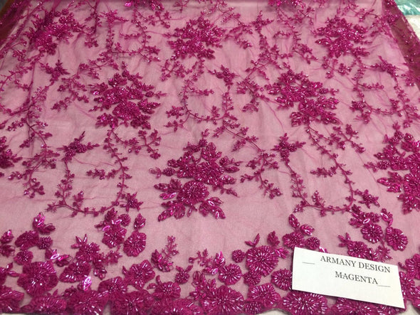 Gorgeous magenta flower design embroider and beaded on a mesh lace. Wedding/Bridal/Prom/Nightgown fabric-dresses-apparel-Sold by the yard.