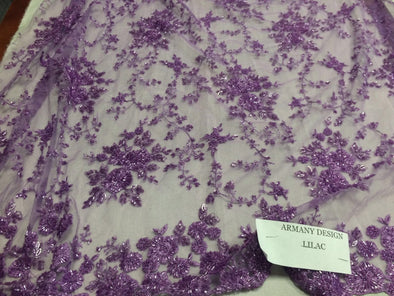 Gorgeous lilac flower design embroider and beaded on a mesh lace. Wedding/Prom/Bridal/Nightgown fabric.