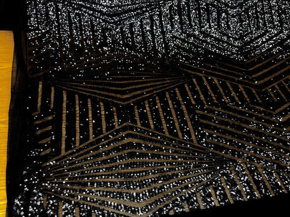 Black geometric sequins design embroider on a black mesh. Wedding/Bridal/Prom/Nightgown fabric. Sold by the yard.
