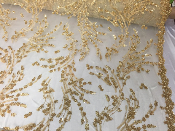 Gold flowers embroider and beaded on a mesh lace. Wedding/Bridal/prom/Nightgown fabric. Sold by the yard.