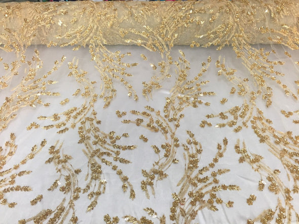 Gold flowers embroider and beaded on a mesh lace. Wedding/Bridal/prom/Nightgown fabric. Sold by the yard.