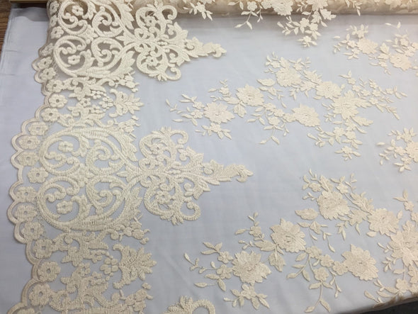 Cream/ champagne flowers embroider on a 2 way stretch mesh lace-Nightgown-apparel-fashion-dresses-decorations-Sold by the yard.