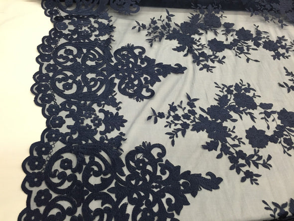 Navy blue flowers embroider on a 2 way stretch mesh lace. Wedding/Bridal/Prom/Nightgown fabric. Sold by the yard.