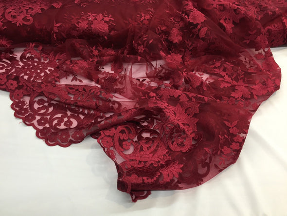 Burgundy flowers embroider on a 2 way stretch mesh lace. Wedding/Bridal/Prom/Nightgown fabric-apparel-fashion-dresses-Sold by the yard.