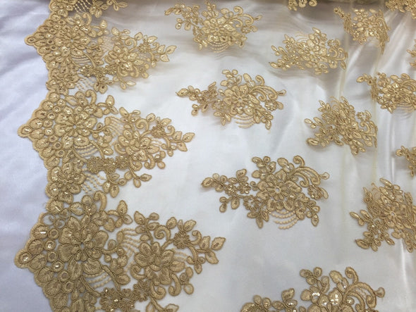Gold flower lace corded and embroider with sequins on a mesh. Wedding/bridal/prom/nightgown fabric-apparel-fashion-dresses-Sold by the yard.