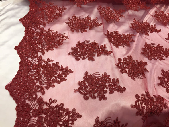 Burgundy flower lace corded and embroider with sequins on a mesh. Wedding/bridal/prom/nightgown fabric-apparel-fashion-Sold by the yard.