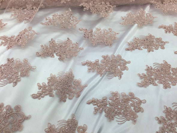 Dusty rose flower lace corded and embroider with sequins on a mesh. Wedding/bridal/prom/nightgown fabric-dresses-fashion-Sold by the yard.