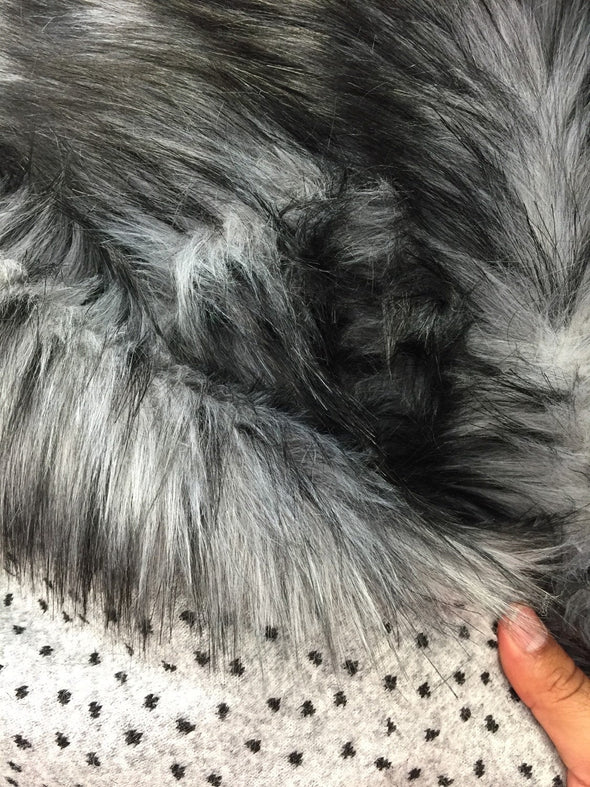 Gray/black husky faux fur, 2 tone shaggy faux fur. Sold by the yard.60" wide.