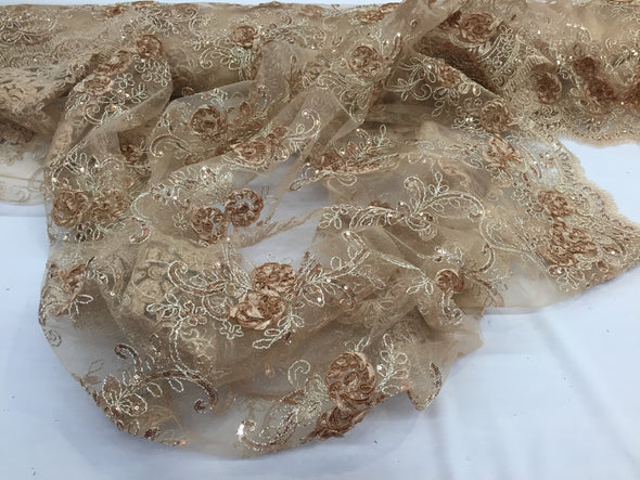 Caramel/mocha 3d flowers embroider with sequins on a nude mesh. Wedding/bridal/prom/nightgown fabric. Sold by the yard.