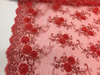 Red/silver 3d flowers embroider with sequins on a red mesh lace. Wedding/bridal/prom/nightgown fabric. Sold by the yard.