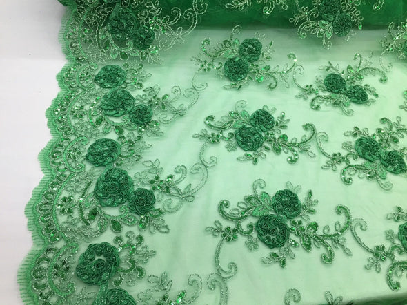 Green/silver 3 d flowers embroider with sequins on green mesh lace. Wedding/bridal/prom/nightgown fabric-dresses-Sold by the yard.