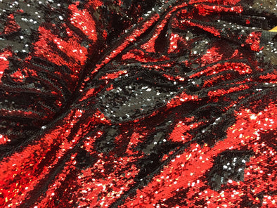 Red/black hologram mermaid fish scales- 2 way stretch lycra- 2 tone flip flop sequins-prom-nightgown-decorations-sold by the yard.