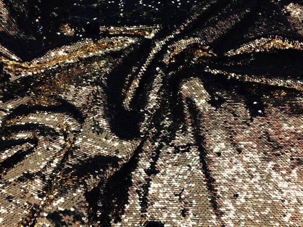 Gold/black hologram mermaid fish scales- 2 way stretch lycra- 2 tone flip flop sequins-prom-nightgown-decorations-sold by the yard.