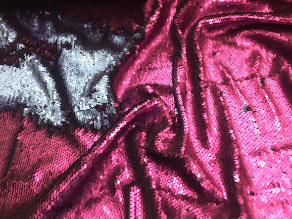 Magenta/lt navy blue hologram mermaid fish scales- 2 way stretch lycra- 2 tone flip flop sequins- sold by the yard.
