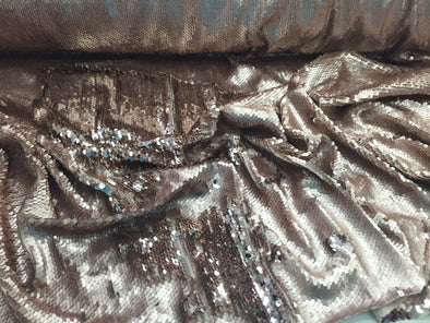 Matt gold/shinny rose gold hologram mermaid fish scales- 2 way stretch lycra- 2 tone flip flop sequins- sold by the yard.