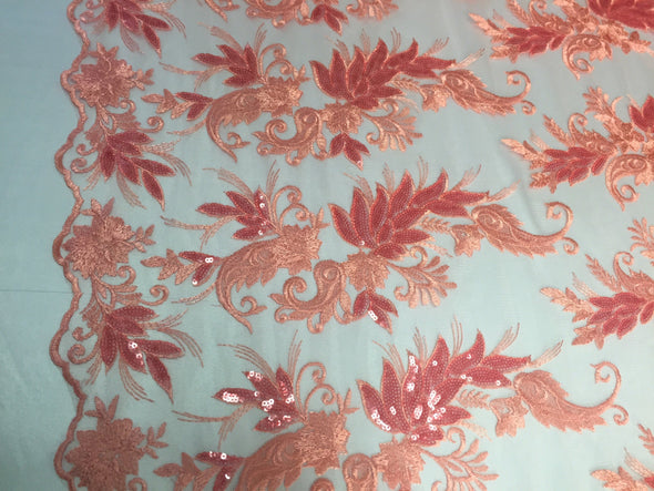 Coral paisley flowers embroider with sequins on a mesh lace fabric. Wedding-bridal-prom-nightgown fabric. Sold by the yard.