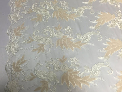 Ivory paisley flowers embroider with sequins on a mesh lace fabric- wedding-bridal-prom-nightgown fabric- sold by the yard.