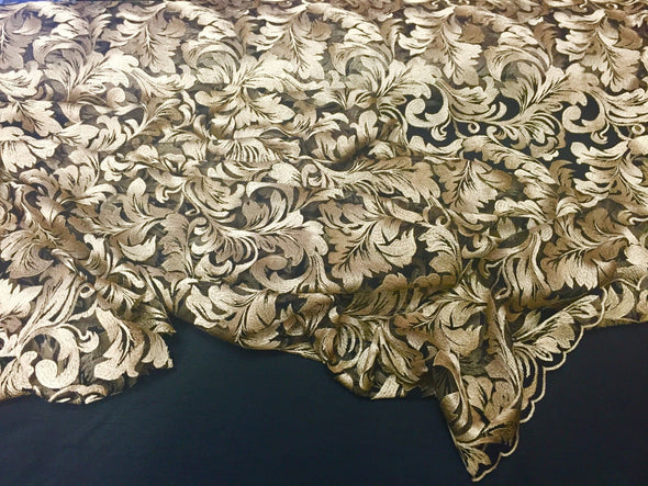 Gold royalty leaf design-embroider on a black mesh lace fabric- wedding-bridal-prom-nightgown fabric. Sold by the yard.